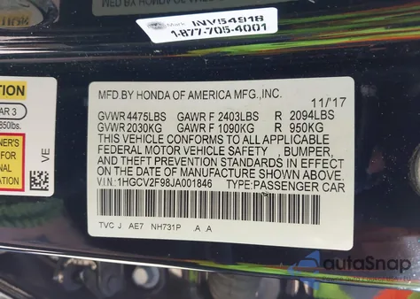 2018 Honda Accord Touring 2.0T from USA, damaged, VIN 1HGCV2F98JA001846